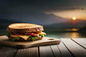 sandwich on a wooden board with sunset in the background. AI-Generated photo