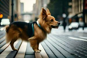 a dog is standing on a street in the city. AI-Generated photo