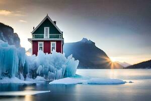 a house on an iceberg in the middle of the ocean. AI-Generated photo