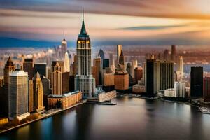 the new york city skyline at sunset. AI-Generated photo