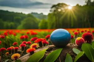 a blue ball sits in a field of flowers. AI-Generated photo