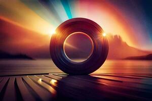 a tire sitting on a wooden table with a rainbow light behind it. AI-Generated photo