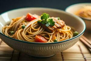 a bowl of noodles with vegetables and meat in it. AI-Generated photo