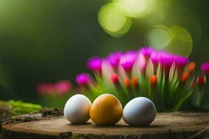 Tres huevos sentar en un tocón con flores en el antecedentes. generado por ai foto