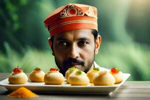 a man in a turban is holding a plate with some food. AI-Generated photo