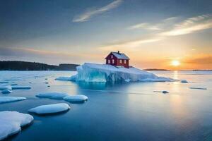 a red house on an iceberg in the middle of the ocean. AI-Generated photo