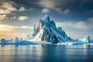 an iceberg in the ocean with snow on top. AI-Generated photo