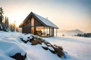 a cabin in the snow with a view of mountains. AI-Generated photo