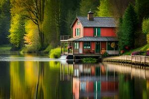 a house on the water with a dock and trees. AI-Generated photo
