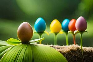 colorful easter eggs on a green plant. AI-Generated photo