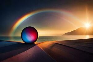 un arco iris es visto en el cielo encima un playa. generado por ai foto