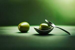 two green olives in a bowl with a spoon. AI-Generated photo