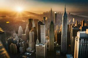 the sun rises over a city skyline with tall buildings. AI-Generated photo