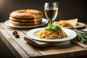 spaghetti with bread and wine on a wooden table. AI-Generated photo