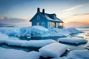 un casa se sienta en parte superior de un iceberg en el medio de el océano. generado por ai foto