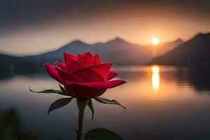 a red rose is in front of a lake and mountains. AI-Generated photo