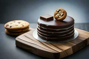 a chocolate cake with cookies on a wooden board. AI-Generated photo