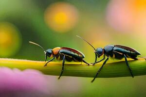 dos escarabajos sentado en un planta. generado por ai foto