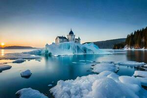 un Iglesia en un iceberg en el medio de el océano. generado por ai foto