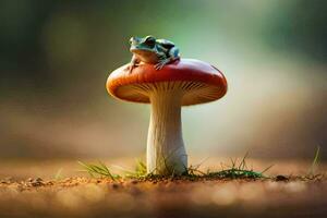 a frog sits on top of a red mushroom. AI-Generated photo