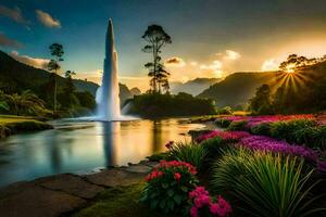 a beautiful waterfall and flowers in the foreground at sunset. AI-Generated photo