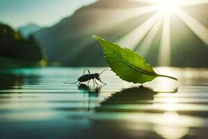 a bug on a leaf in the water with the sun shining. AI-Generated photo