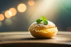 a pastry on a wooden table with a light background. AI-Generated photo