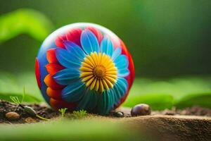 a colorful painted egg sitting on the ground. AI-Generated photo