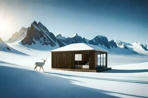 a small cabin in the snow with a deer. AI-Generated photo