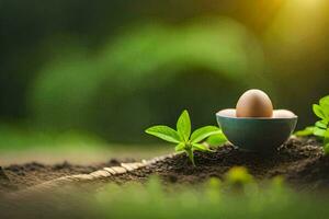 huevos en un taza con plantas. generado por ai foto