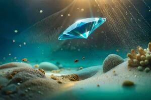 a diamond floating in the ocean with coral and other sea life. AI-Generated photo