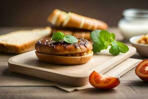 a hamburger on a wooden cutting board with tomatoes and bread. AI-Generated photo