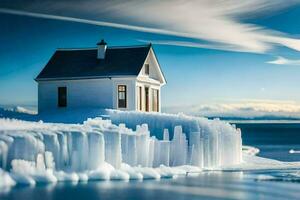 a house sits on top of an ice cliff. AI-Generated photo