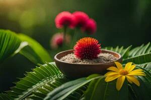 a flower and a bowl of sand on a tropical island. AI-Generated photo