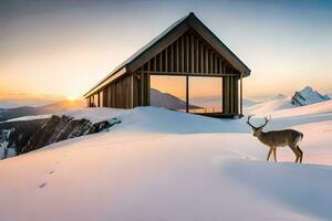 a deer stands in front of a cabin in the snow. AI-Generated photo