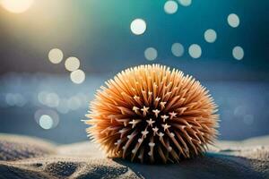 a small spiky ball on the sand. AI-Generated photo