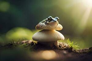 a frog sitting on top of a mushroom. AI-Generated photo