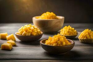 mango cubes in bowls on a wooden table. AI-Generated photo