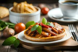 pollo emparedado con tomate salsa y papas fritas en un de madera mesa. generado por ai foto