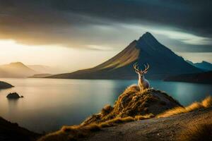 a deer stands on the edge of a mountain overlooking a lake and mountains. AI-Generated photo
