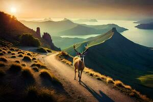 a deer stands on a road in front of mountains. AI-Generated photo