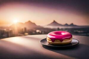 a pink doughnut sits on a plate with a view of the city. AI-Generated photo