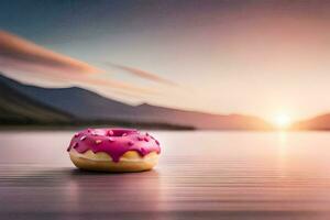 a donut sits on the edge of a lake with a sunset in the background. AI-Generated photo