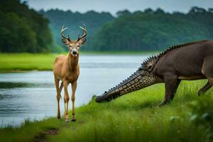 a deer and an alligator in the grass. AI-Generated photo