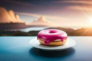 a donut with pink icing on a plate. AI-Generated photo