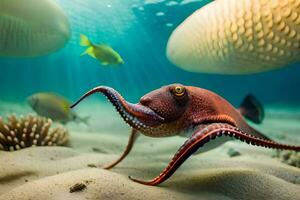 an octopus swimming in the ocean with fish. AI-Generated photo