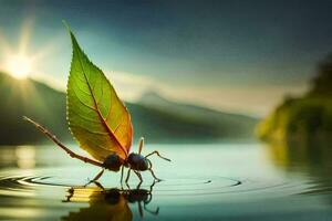 a leaf insect on the water with a leaf in the water. AI-Generated photo