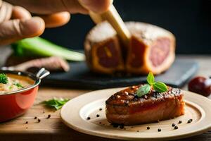 a person is holding a knife and cutting meat on a plate. AI-Generated photo