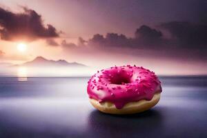 a pink donut sitting on the beach with a sunset in the background. AI-Generated photo