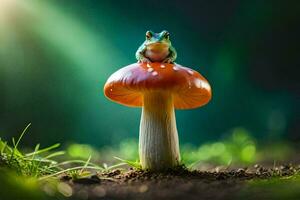 a frog sits on top of a mushroom in the forest. AI-Generated photo